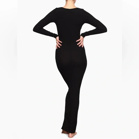 NWT Skims Soft Lounge Long Sleeve Dress Onyx Black Maxi Stretch Ribbed Bodycon L - Picture 3 of 10